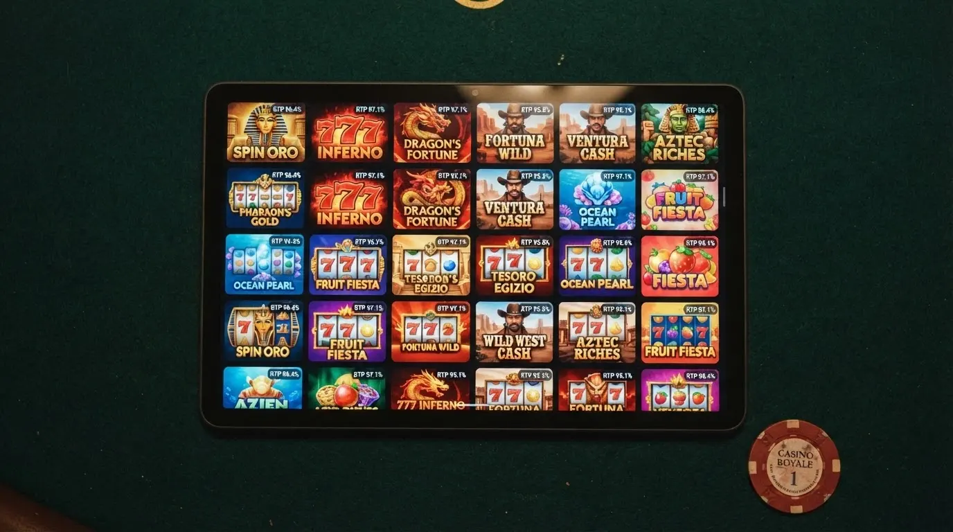 Una griglia di slot machine colorate su schermo Android, con in sovrimpressione i valori RTP delle più popolari