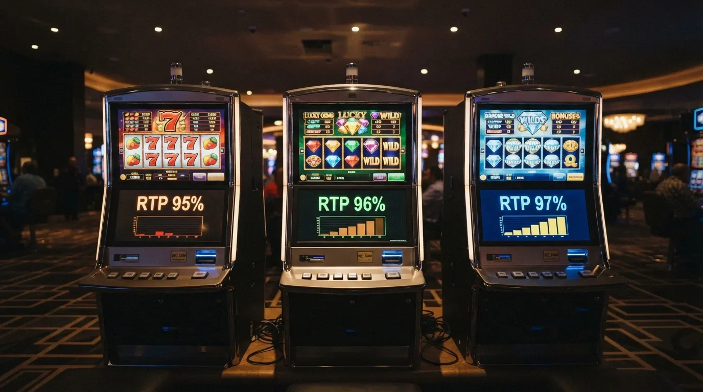 Tre slot machine affiancate con i rispettivi pannelli RTP in evidenza — 95%, 96%, 97% — e grafici di volatilità diversi