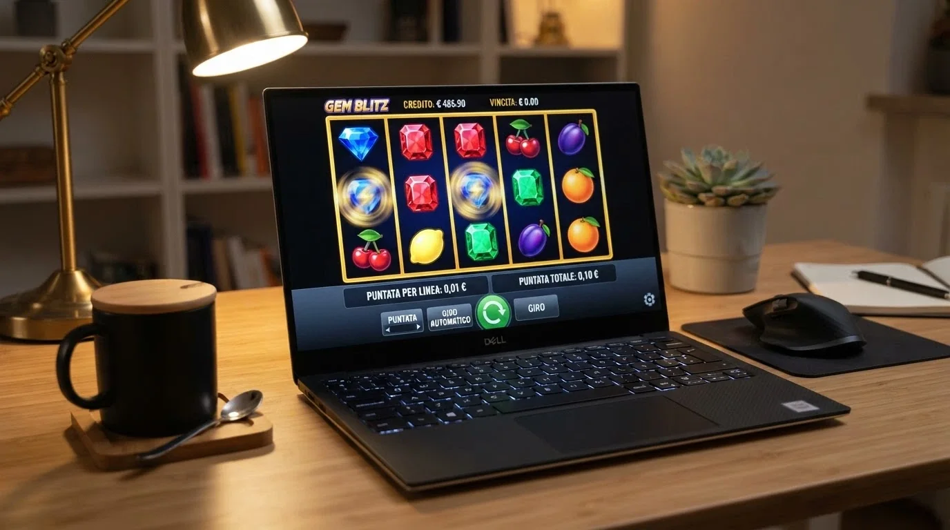 Una griglia di gioco di una slot online con i rulli fermi e in sovrimpressione il valore della puntata: 0,01€ per linea e 0,10€ per spin totale