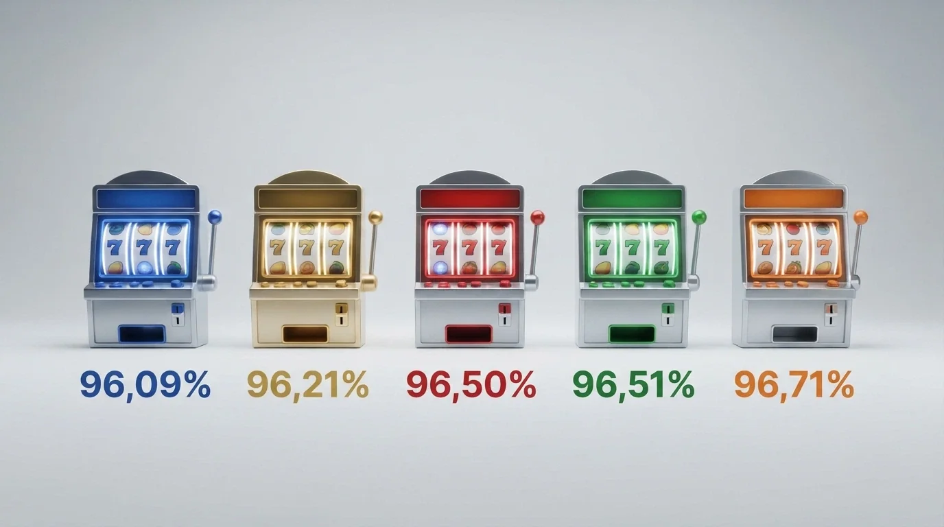 Una griglia di cinque slot machine con i rispettivi nomi e percentuali RTP in evidenza, in stile infografica pulita