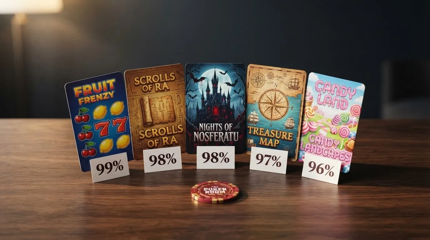 Una selezione di copertine delle slot machine con l'RTP più elevato, affiancate dalle rispettive percentuali di ritorno