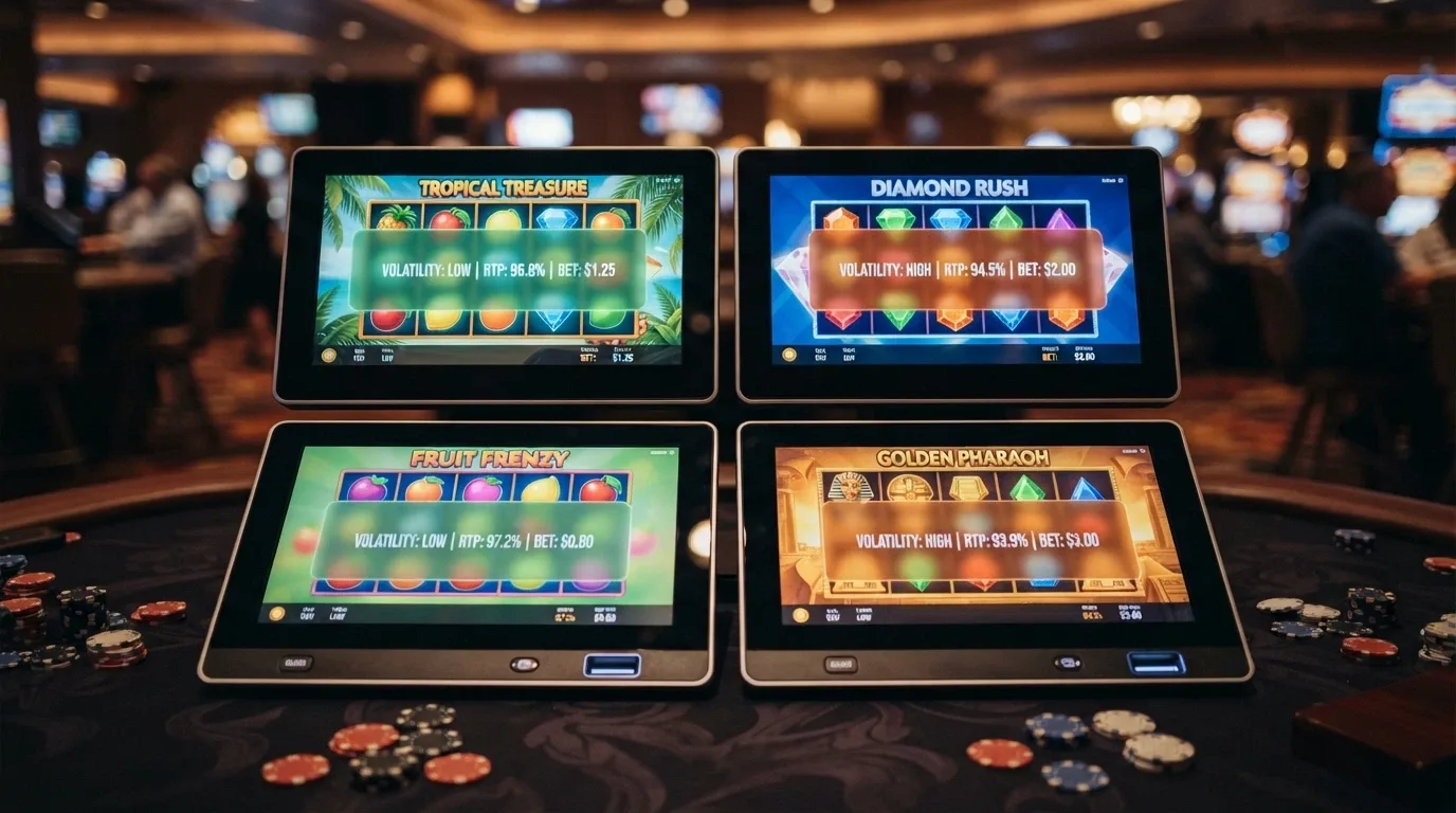 Una griglia di quattro slot machine con i valori di RTP e volatilità sovrapposti in semitrasparenza su ciascuna — due brillano in verde (bassa volatilità), due in arancione (alta).