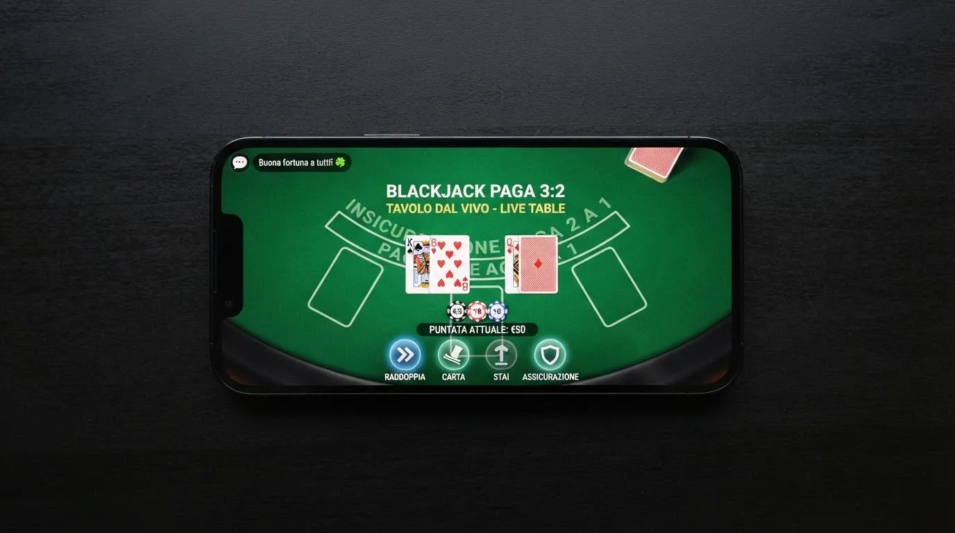 Smartphone in orientamento orizzontale che mostra un tavolo di blackjack live con interfaccia touch ottimizzata, icone delle puntate e chat del croupier