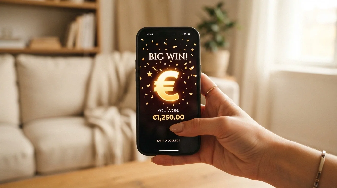 Mani che tengono un iPhone con una schermata di vincita e il simbolo dell'euro in sovrimpressione