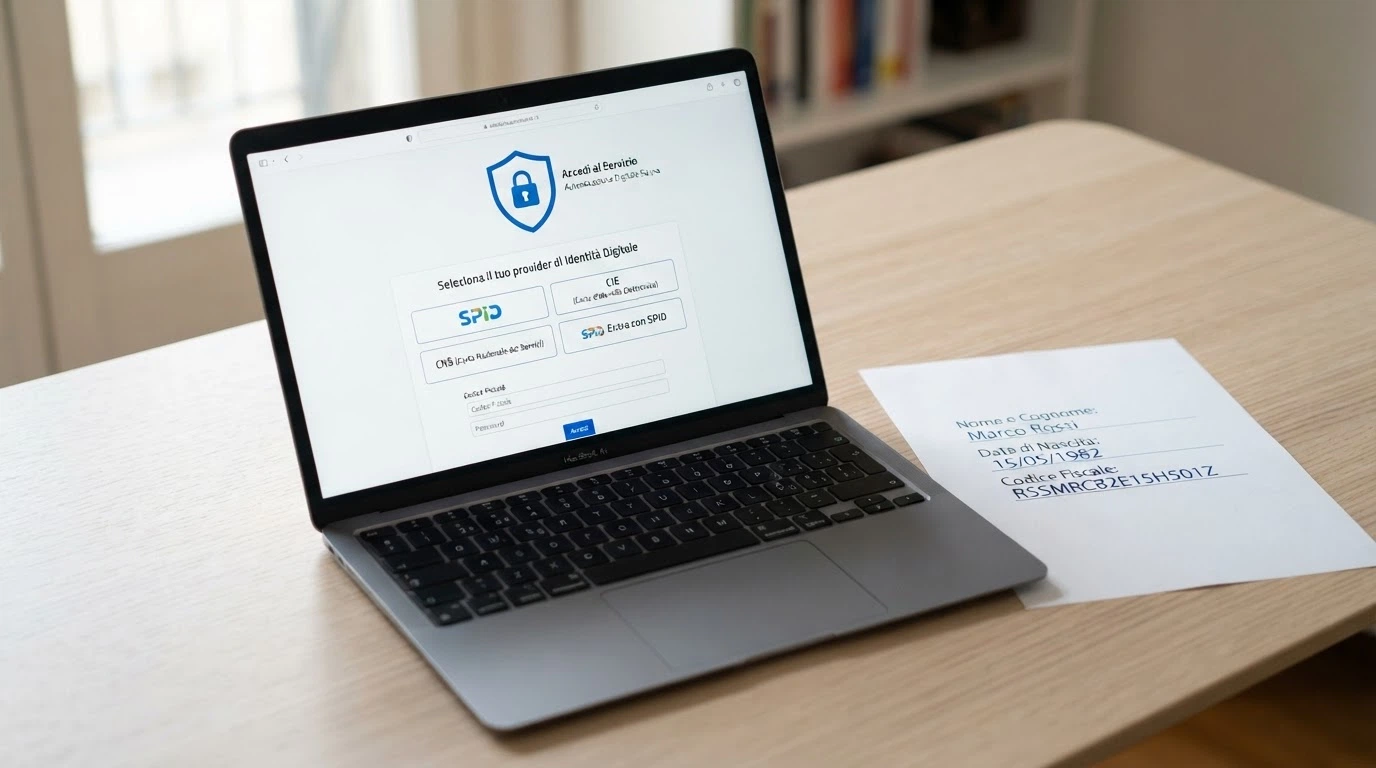 La schermata di accesso SPID sul browser con i loghi dei provider accanto alla pagina di registrazione di un casinò con i campi già popolati automaticamente
