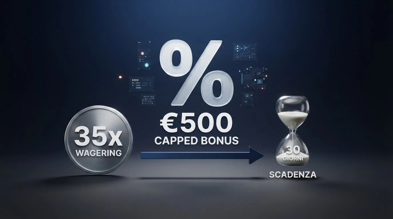 Illustrazione che scompone un bonus di benvenuto nelle sue componenti: percentuale di match, tetto massimo, requisito di puntata e scadenza