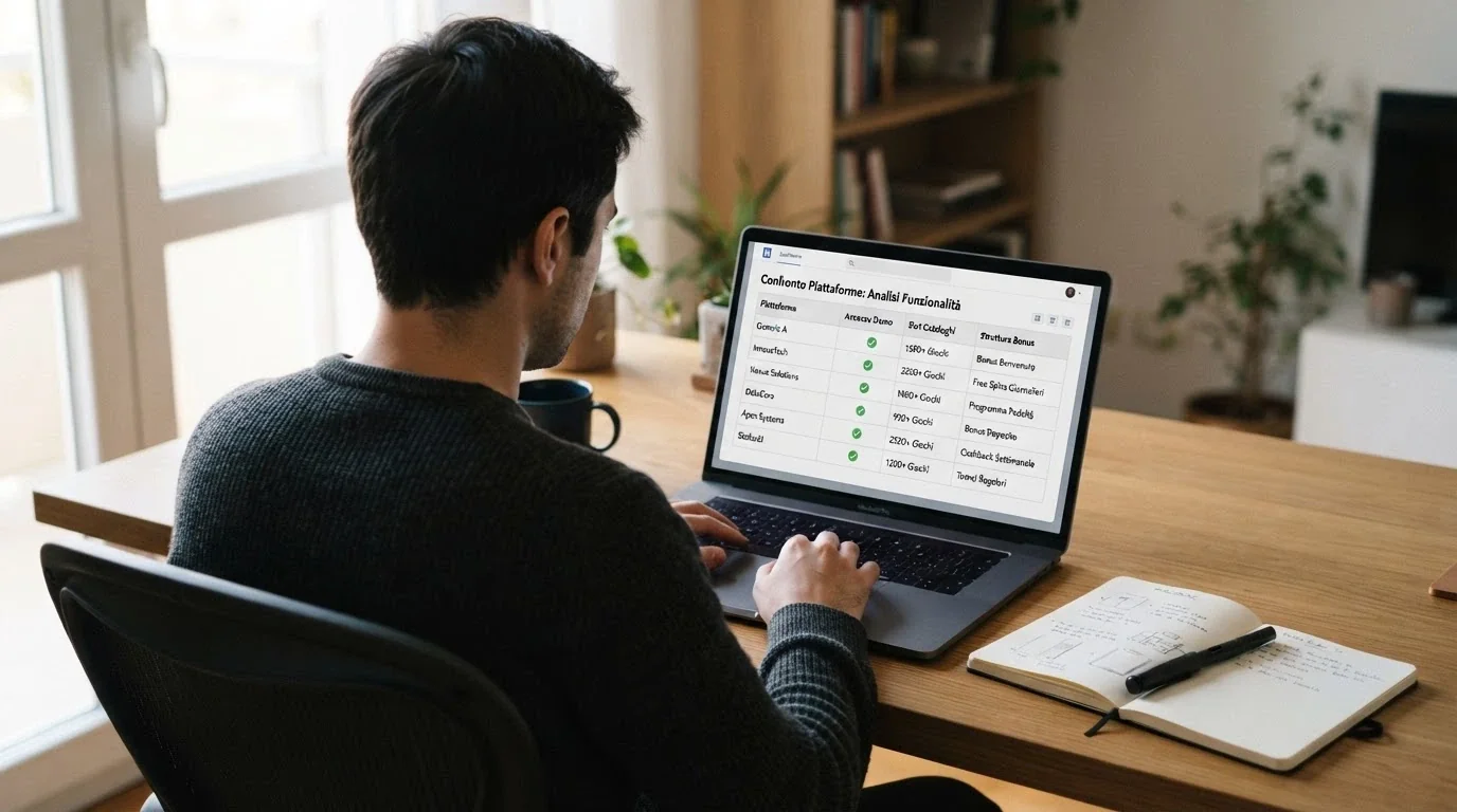 Un estratto della tabella comparativa con le prime righe visibili: nome operatore, numero concessione ADM, slot in catalogo, una spunta verde nella colonna «Demo senza registrazione» e la forma del bonus