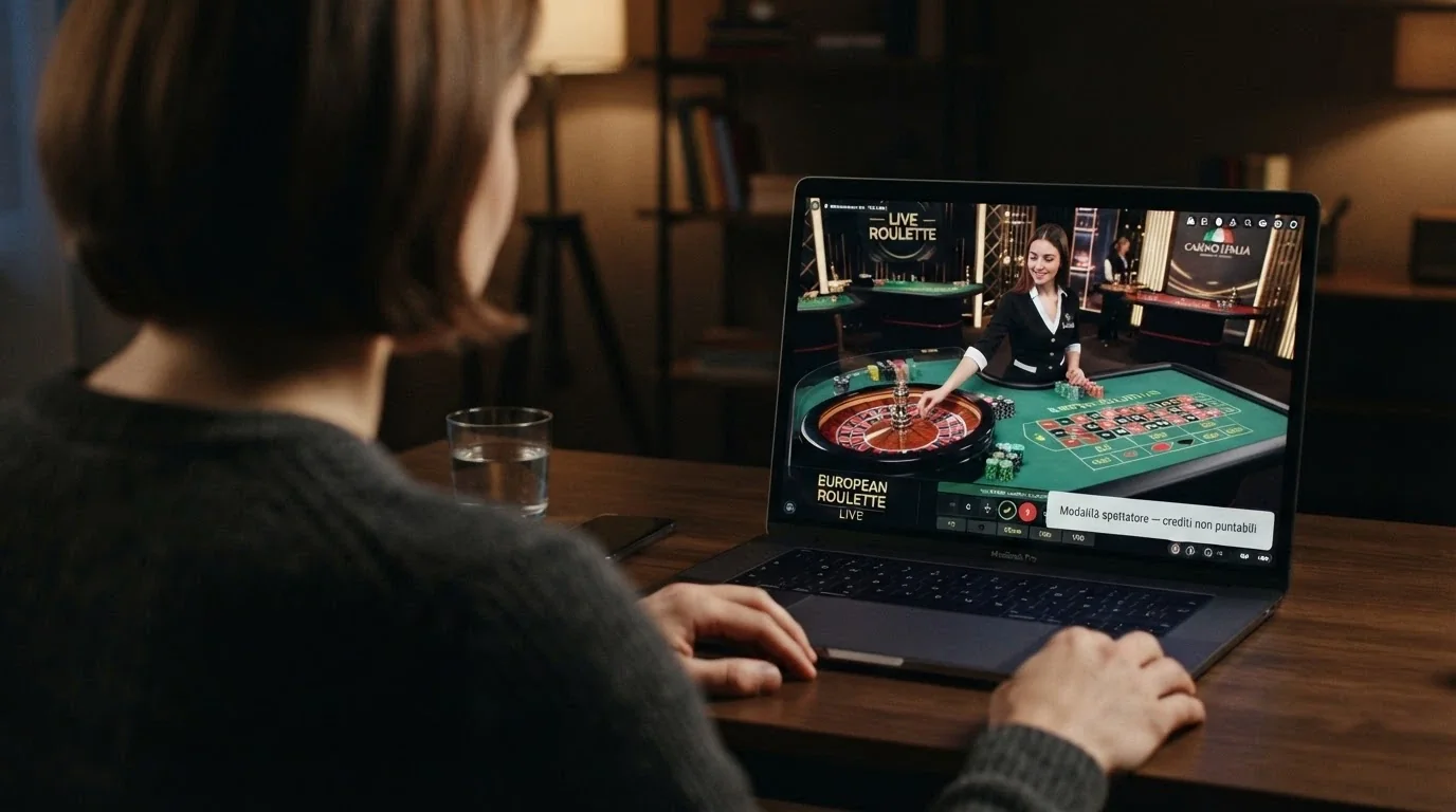 L'inquadratura di un tavolo di roulette dal vivo con dealer reale e giocatori attivi; in sovrimpressione la scritta «Modalità spettatore — crediti non puntabili»