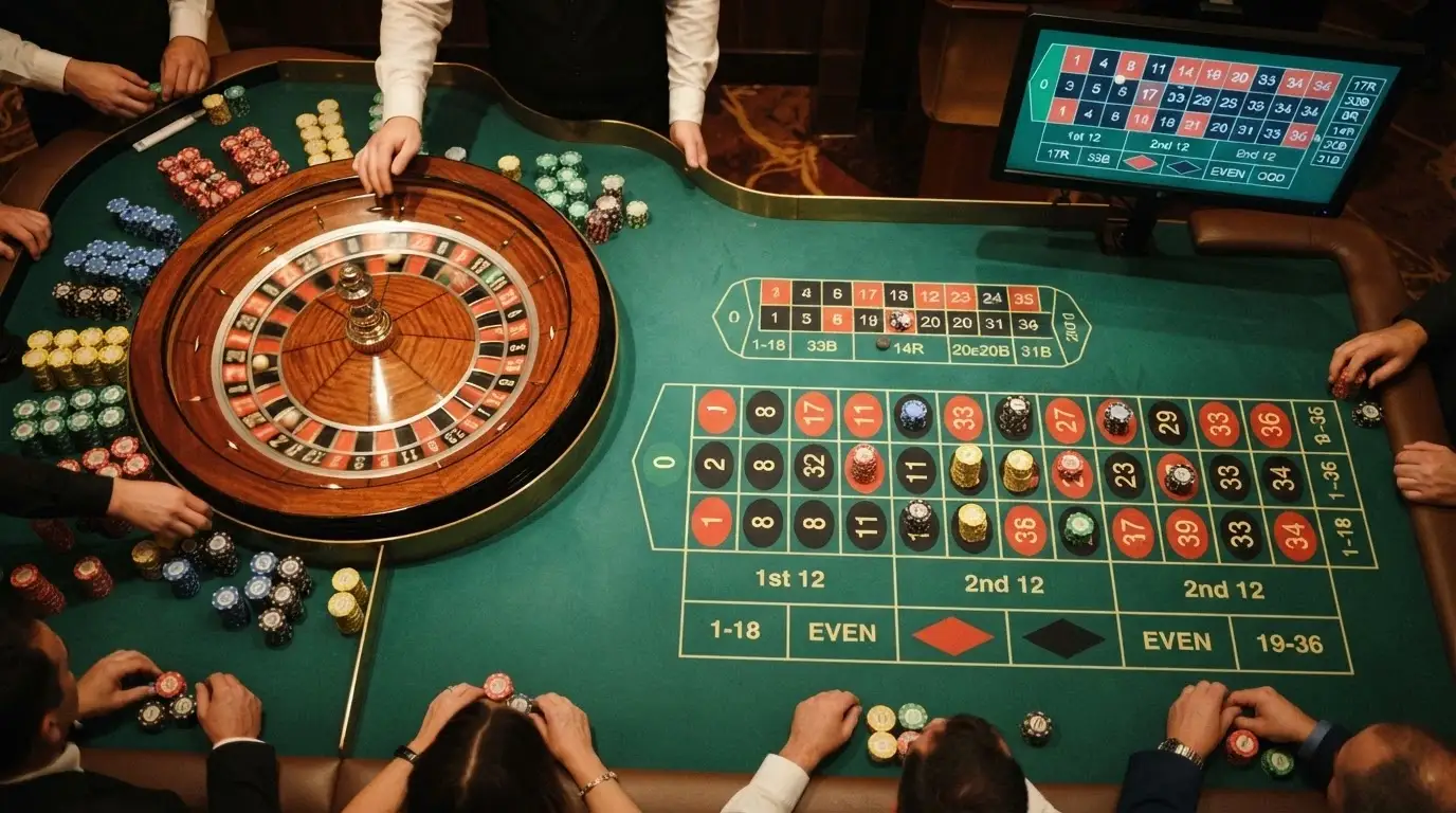 Tavolo di roulette live con primo piano della ruota in movimento, pannello delle puntate digitali e angolazione multi-camera visibile