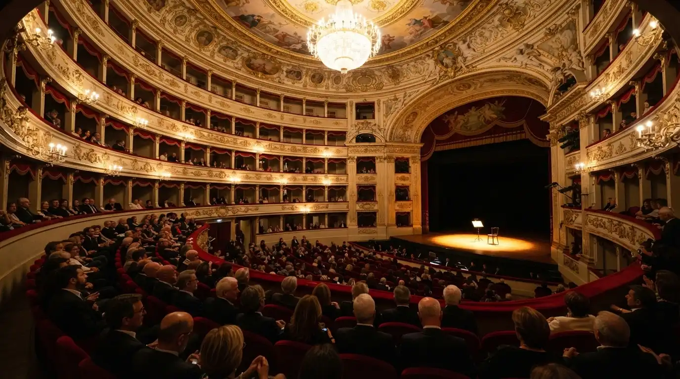 La platea e il palcoscenico del Teatro dell'Opera all'interno del Casinò di Sanremo
