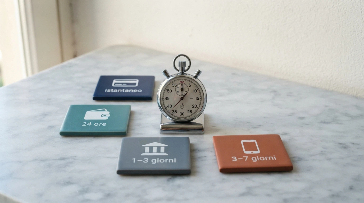 Un cronometro accanto alle icone dei principali metodi di pagamento, con etichette che indicano i tempi di accredito: istantaneo, 24 ore, 1-3 giorni, 3-7 giorni