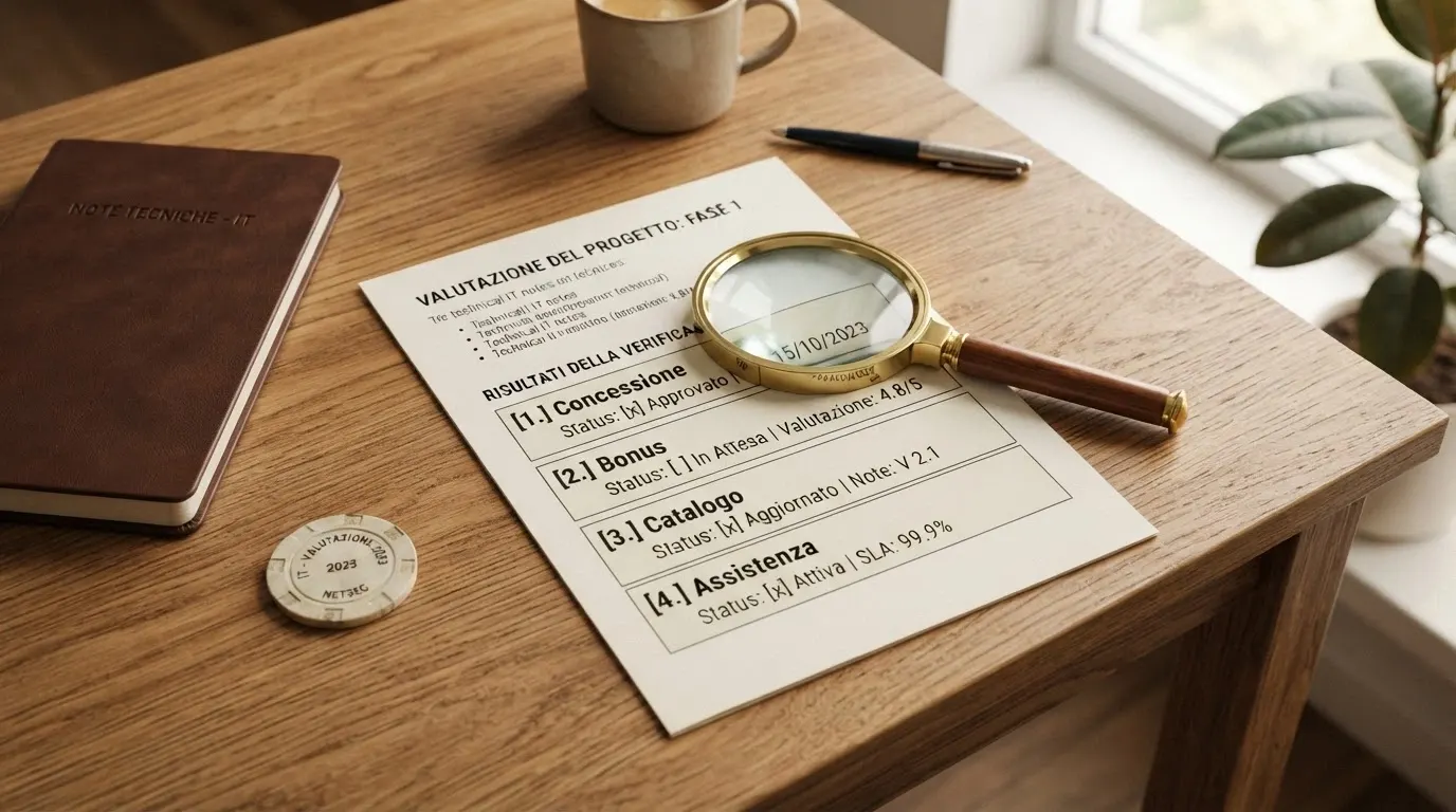 Una scrivania con il registro ufficiale ADM aperto, una lista di controllo e una lente posata su un foglio con le voci «concessione, bonus, catalogo, assistenza»