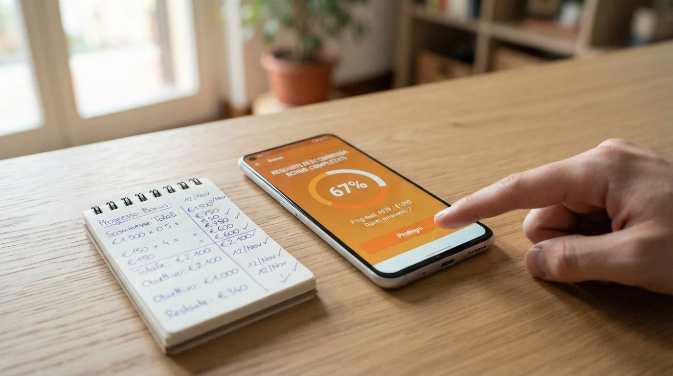 Una calcolatrice accanto a un telefono con la schermata di un bonus di benvenuto, a simboleggiare il calcolo del wagering