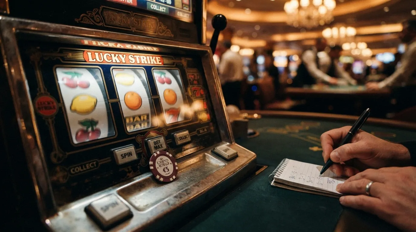 Una slot machine in primo piano con una calcolatrice e banconote in euro accanto, a simboleggiare il calcolo del valore reale
