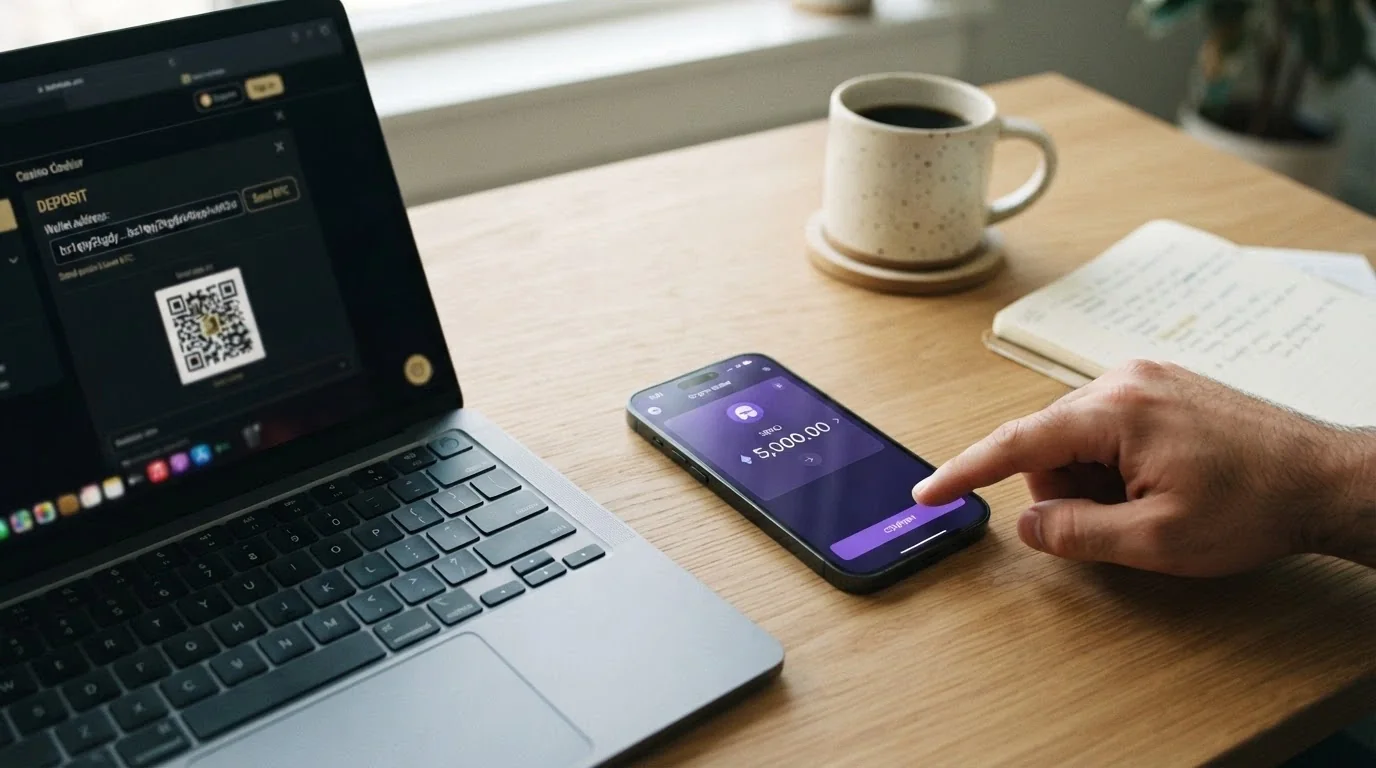 uno smartphone con l'interfaccia di un wallet Ethereum aperto accanto alla schermata di deposito di un casinò